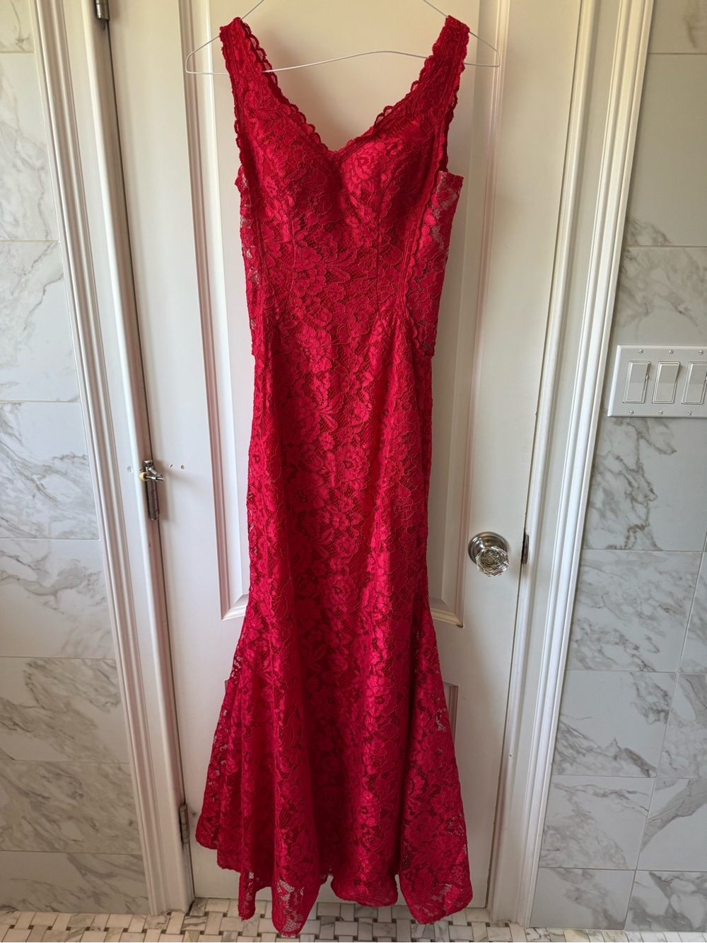 Avery G Red Lace V-Neck Evening Gown